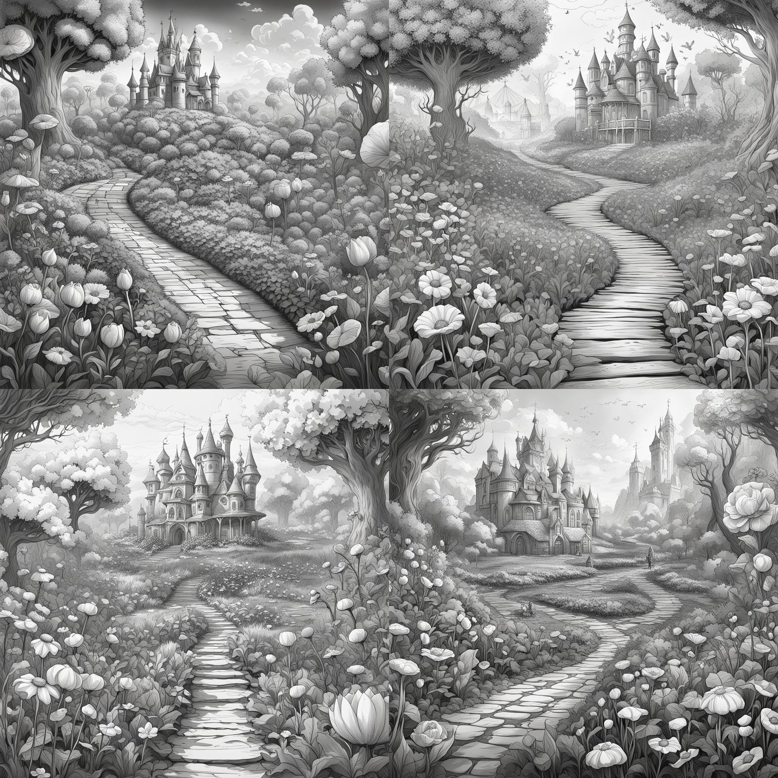 Detailed Flower Scene Line Drawing in Black and White