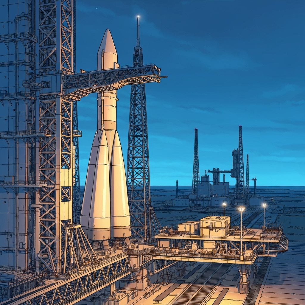 Russian Rocket Launch Platform in Franco-Belgian Comic Style