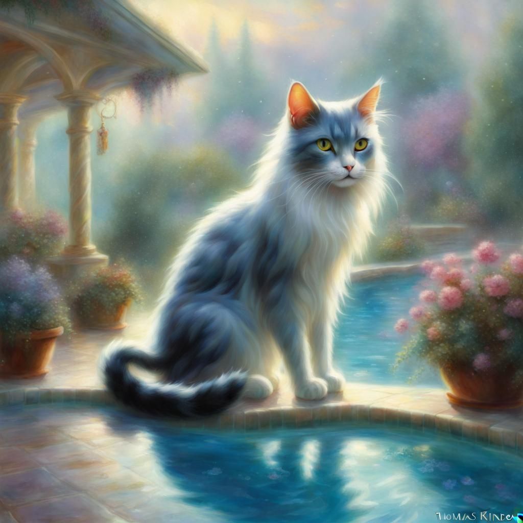 Odd-Eyed Cat in Pool: Ethereal Fantasy Art