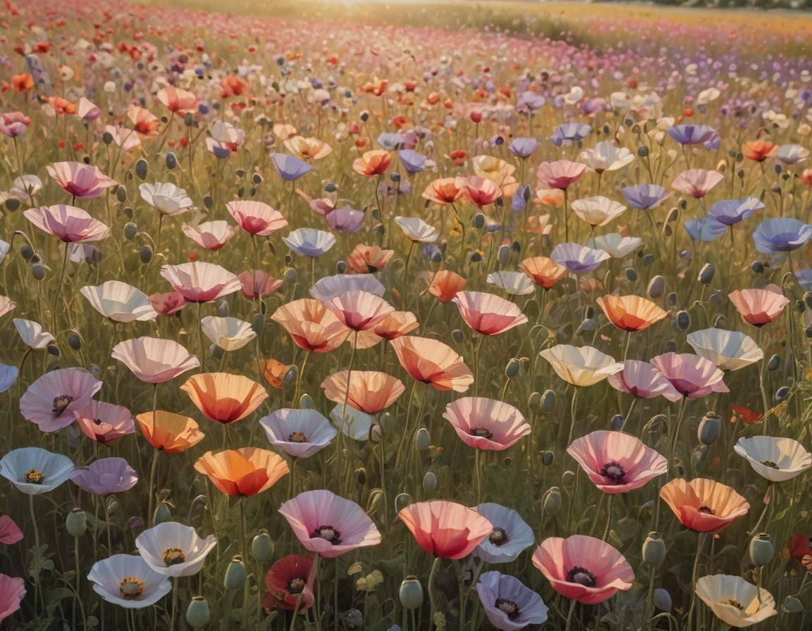 Iridescent Poppies Sway in Impressionist Landscape