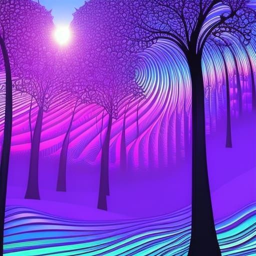 Rainbow Forest Sunset with Abstract Swirls