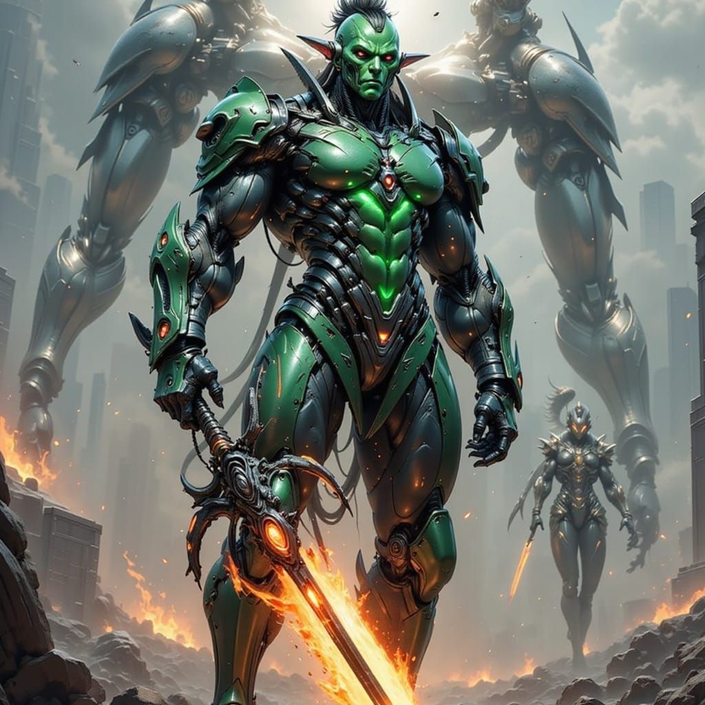 Orc Cyborg Warrior on Battlefield in Cyberpunk Style