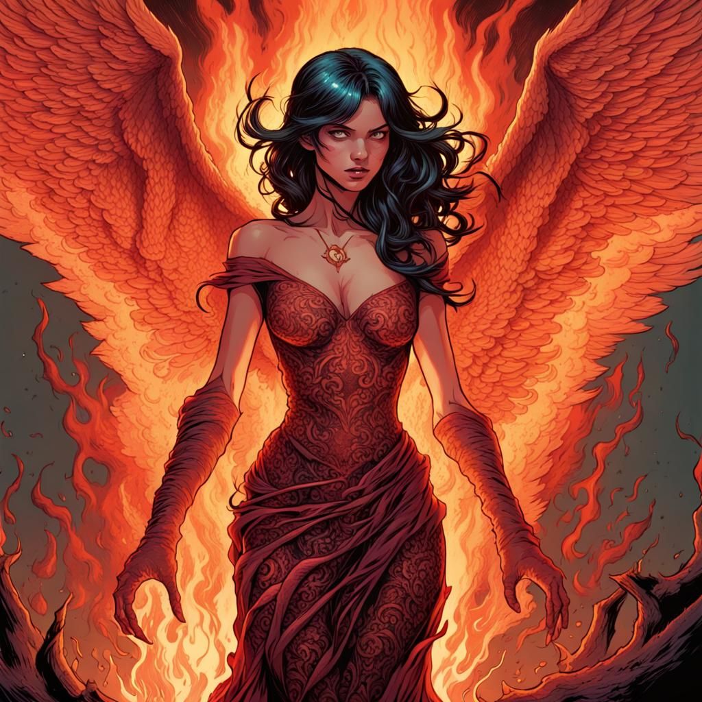 Lace-Winged Demon Girl in Fiery Comic Book Art