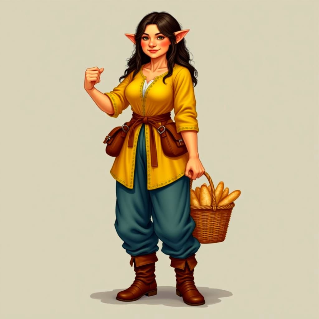 Medieval Baker Woman in Yellow Tunic and Blue Trousers