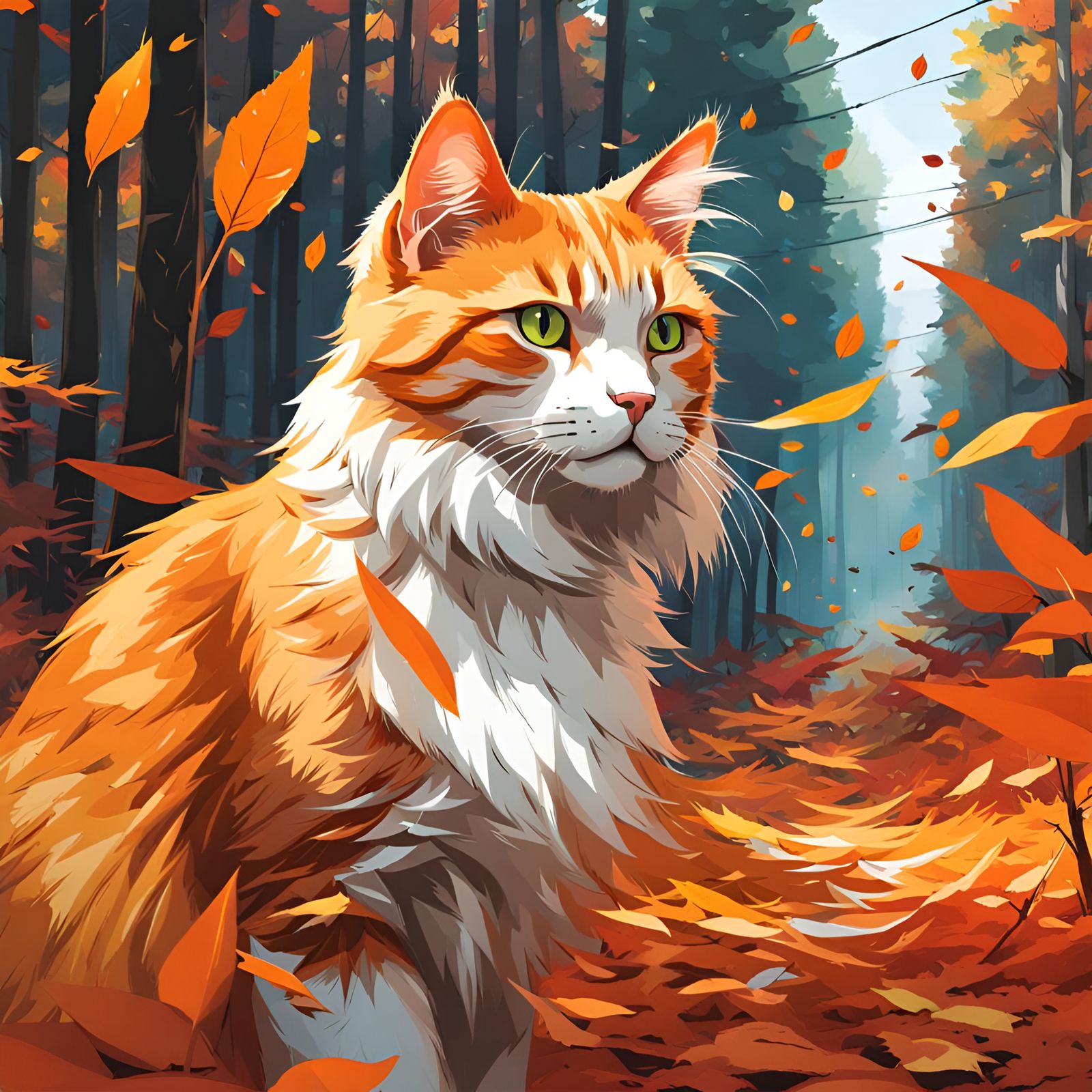 Orange Cat in Autumn Forest, Splash Art Style