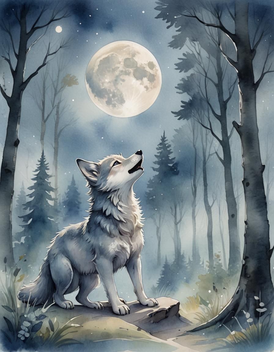 Whimsical Wolf Cub Howling in Watercolor Style