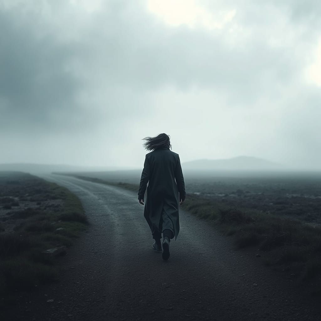 Mystical Lone Figure Walking in Mist