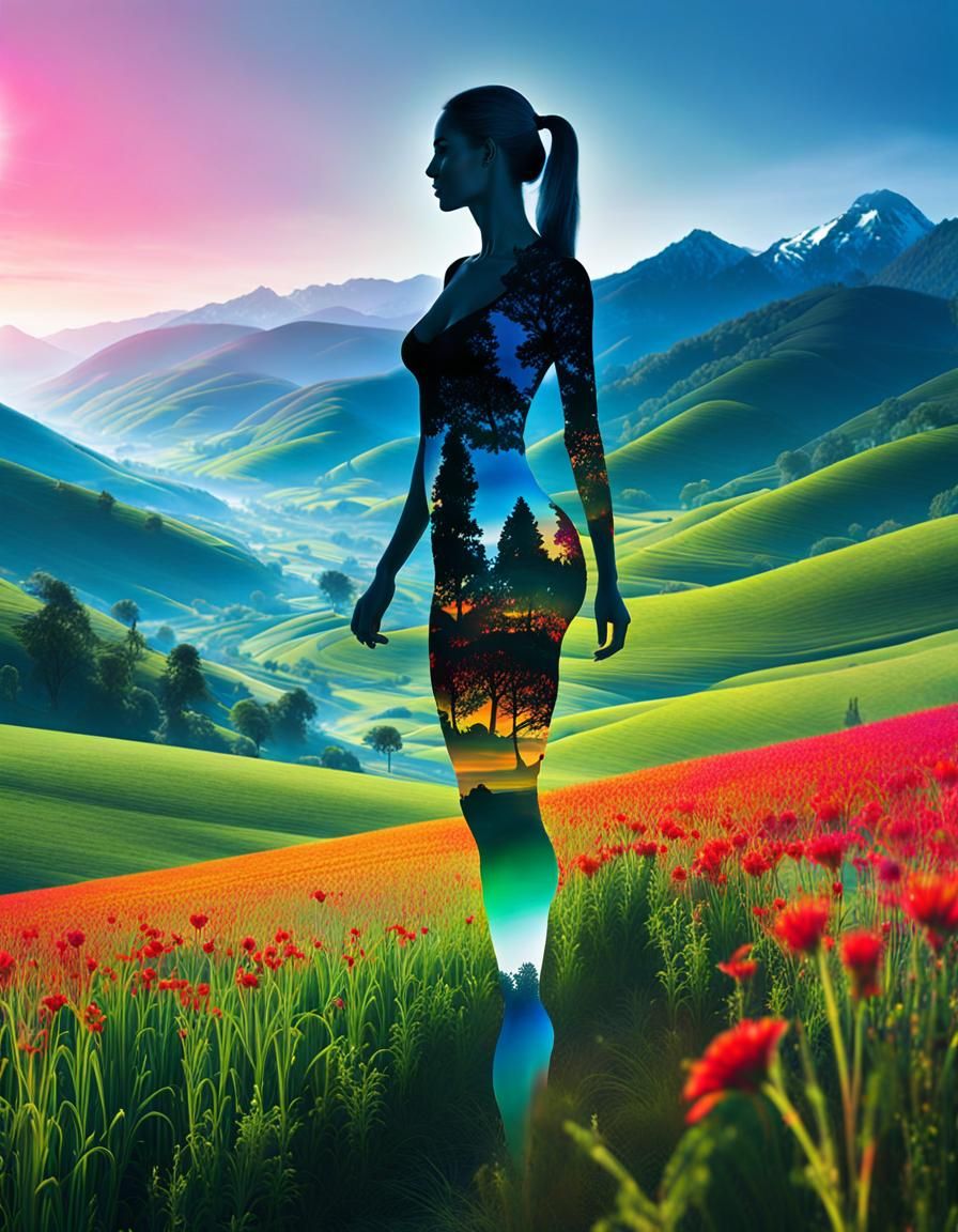 Mystical Double Exposure of Woman in Country Valley