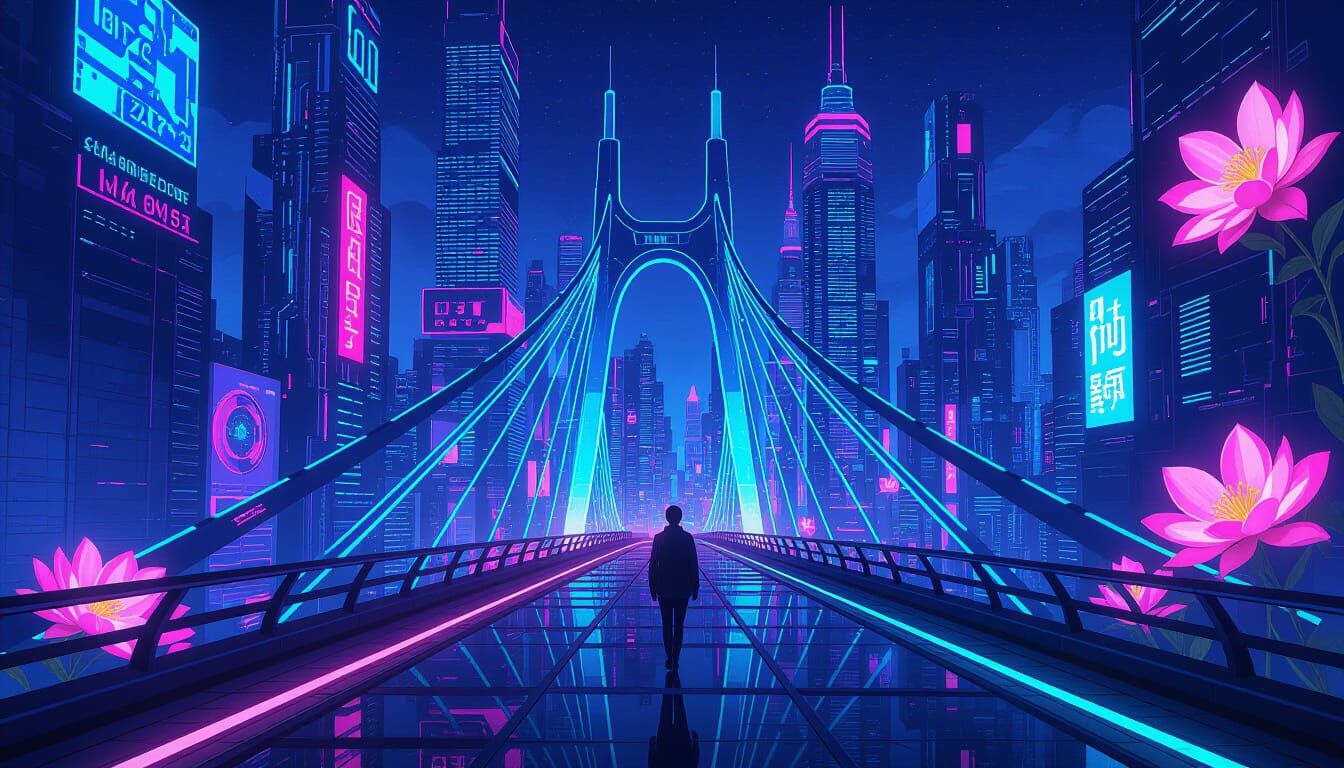 Futuristic Cityscape with Neon Circuits and Digital Blooms