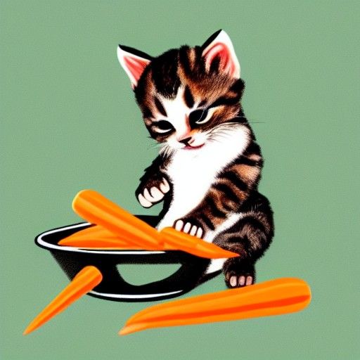 Adorable Kitten Chopping Carrots Illustration