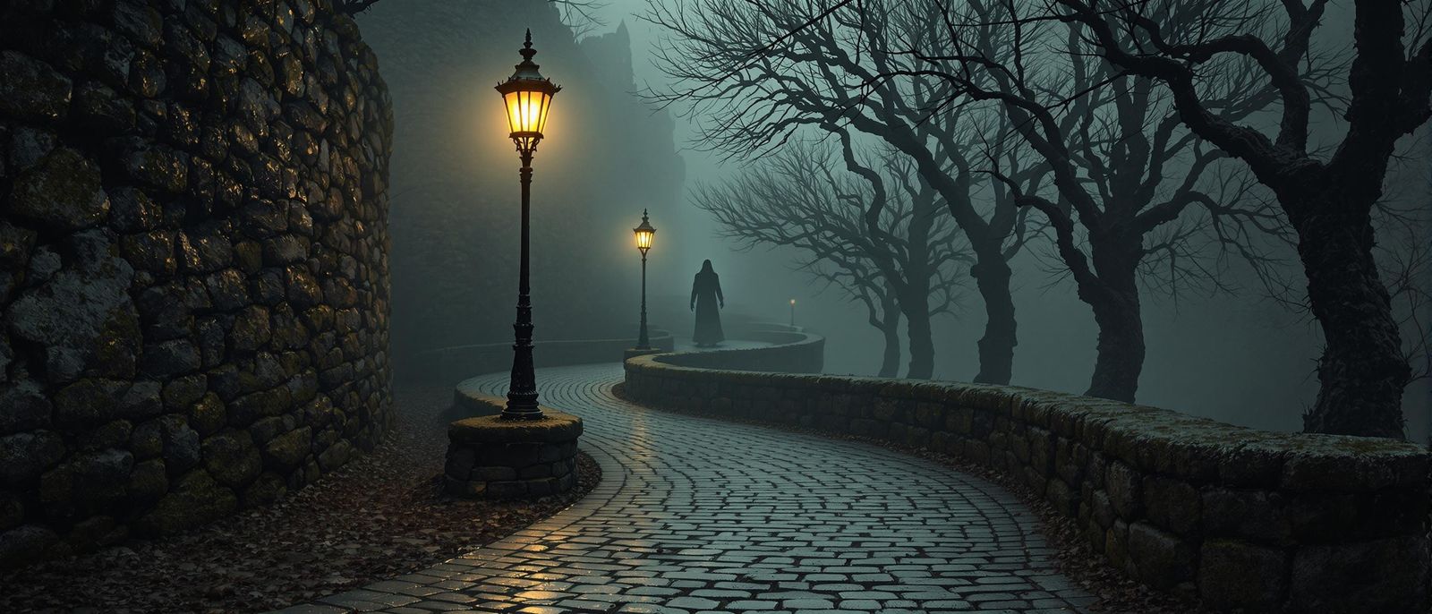 Mysterious Cobblestone Pathway in Eerie Fog