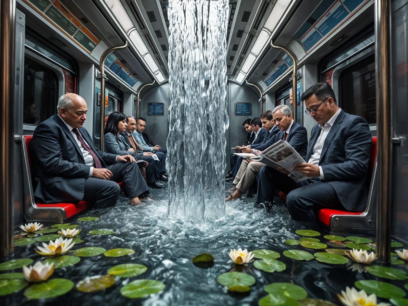 Waterfall Floods Subway Car: Hyperrealistic Close-Up