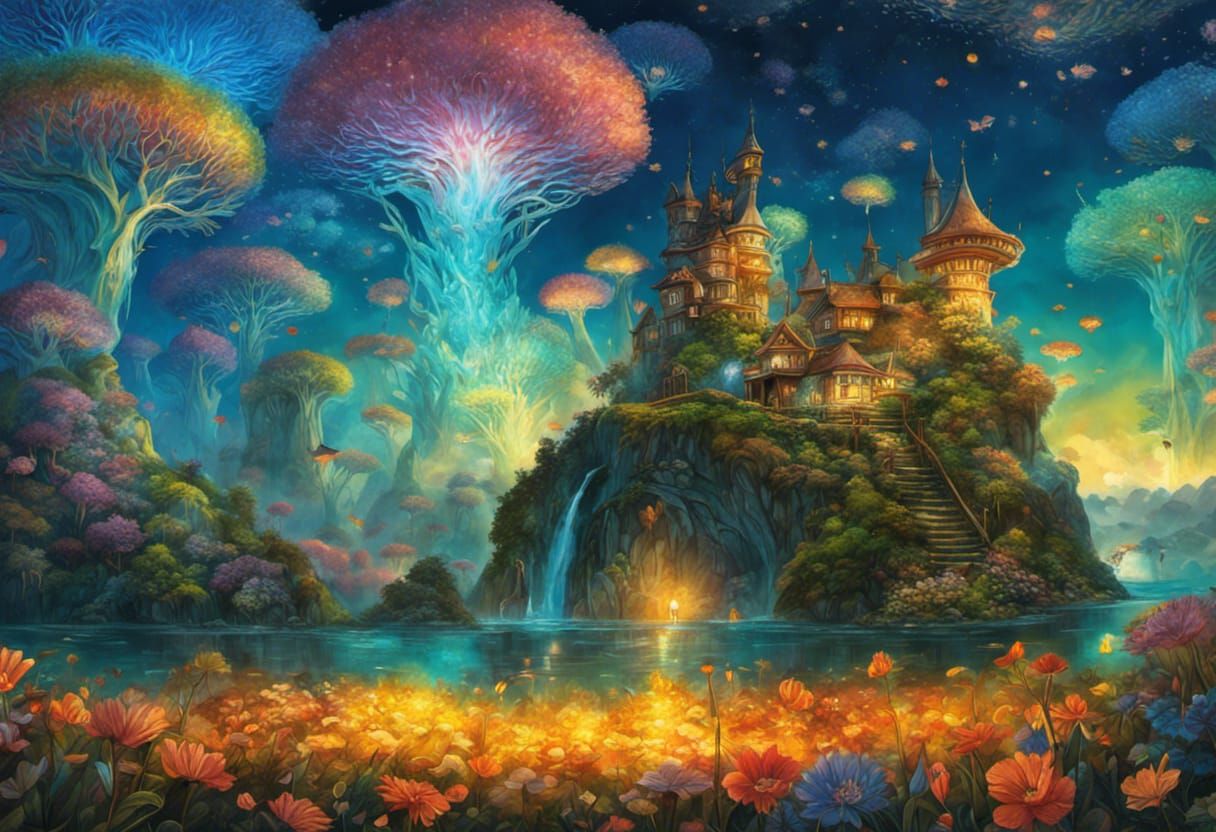 Epic Fantasy World Illustration with Fireflies