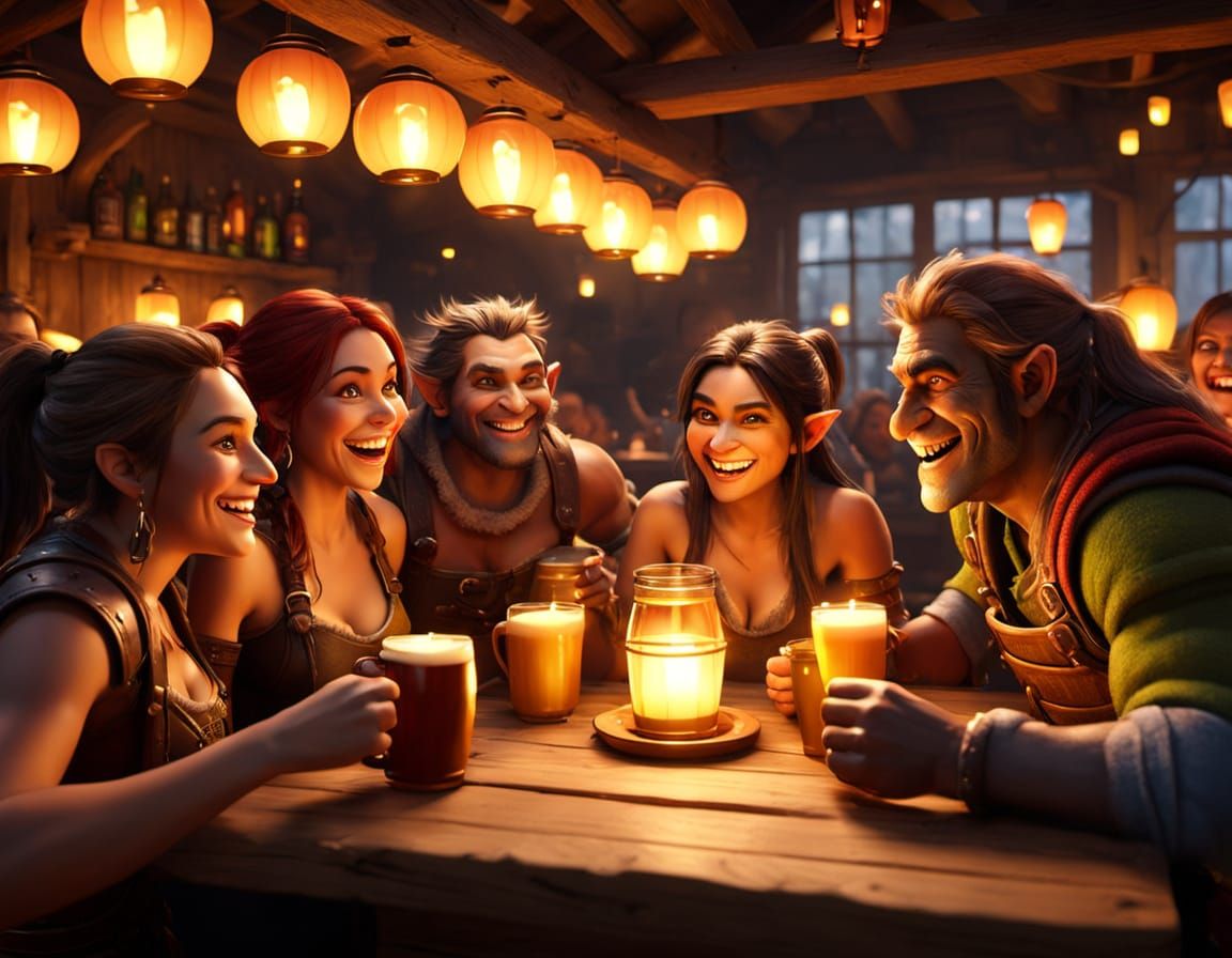 Female Orcs Celebrate in a Vibrant Tavern Scene