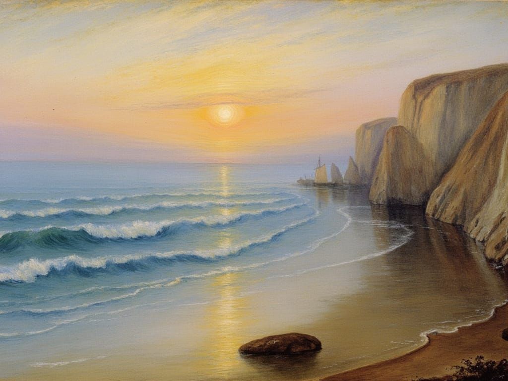 Impressionist Coastal Sunset in Soft Peach and Amber Tones