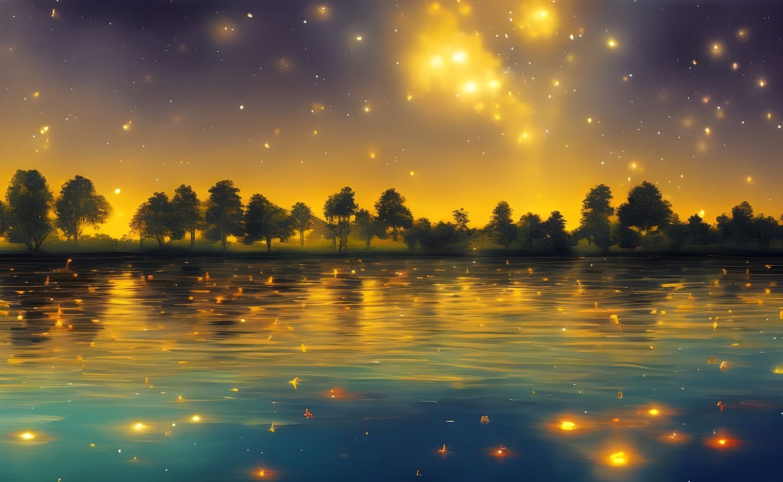 Fireflies Dance on Midnight Lake: Expressionist Panorama