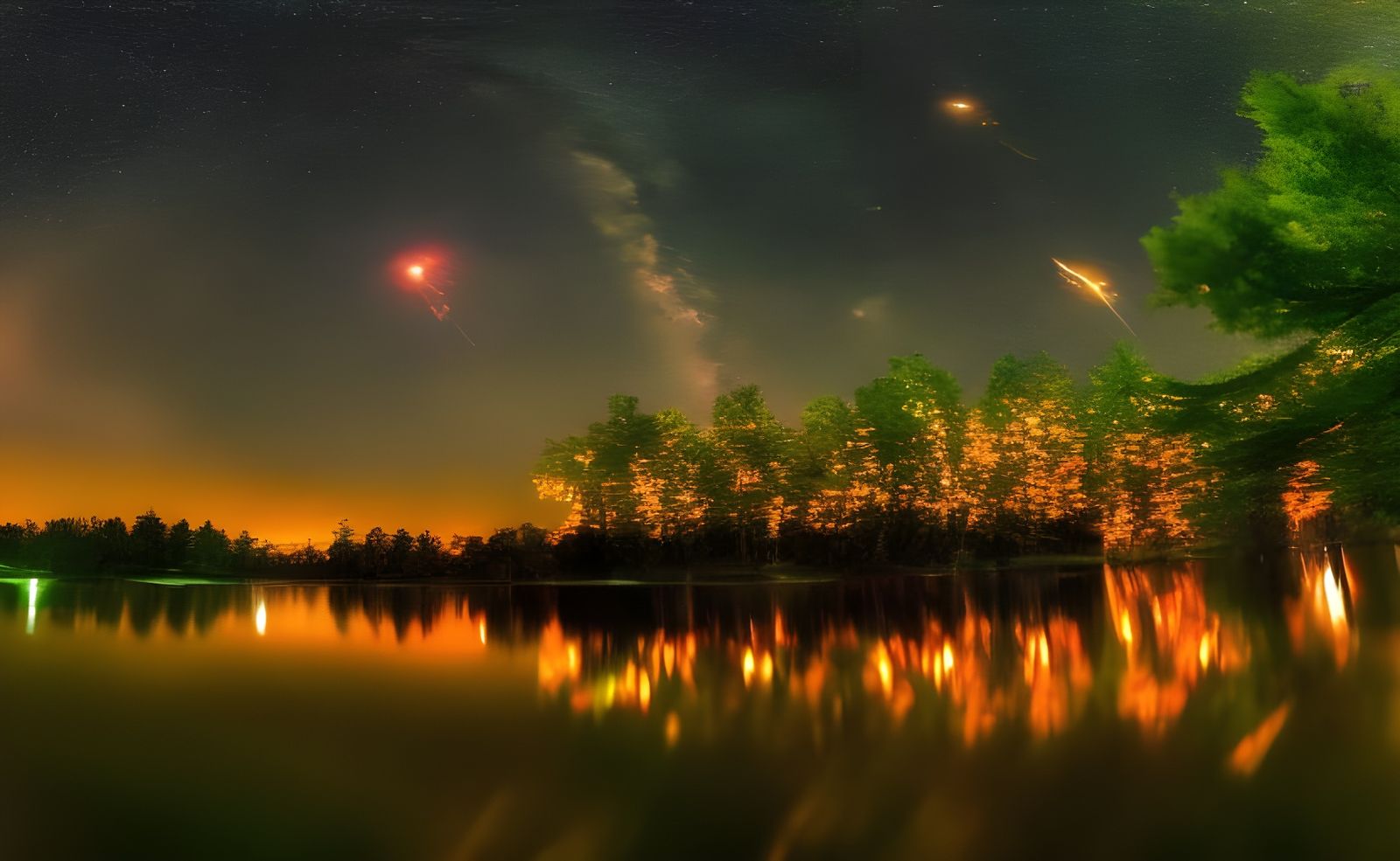 Fireflies Dance: Midnight Lake Panorama