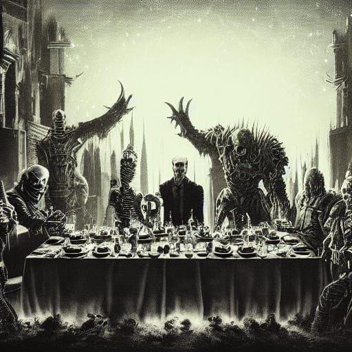 Classic Monsters Feast Together in Gothic Thanksgiving Scene