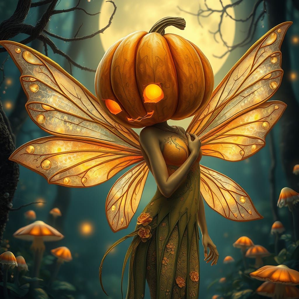 Fairy With Pumpkin Head in Moonlit Enchanted Forest