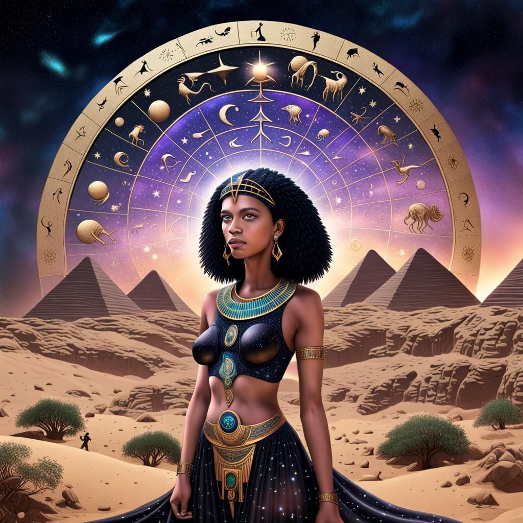 Egyptian Zodiac Landscape in Holographic Style