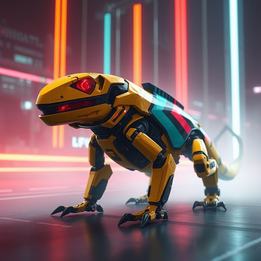 Cyberpunk Lizard Robot in Neon Cityscape