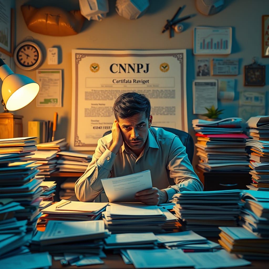 Entrepreneur Overwhelmed by CNPJ Certificates in a Fantastic...
