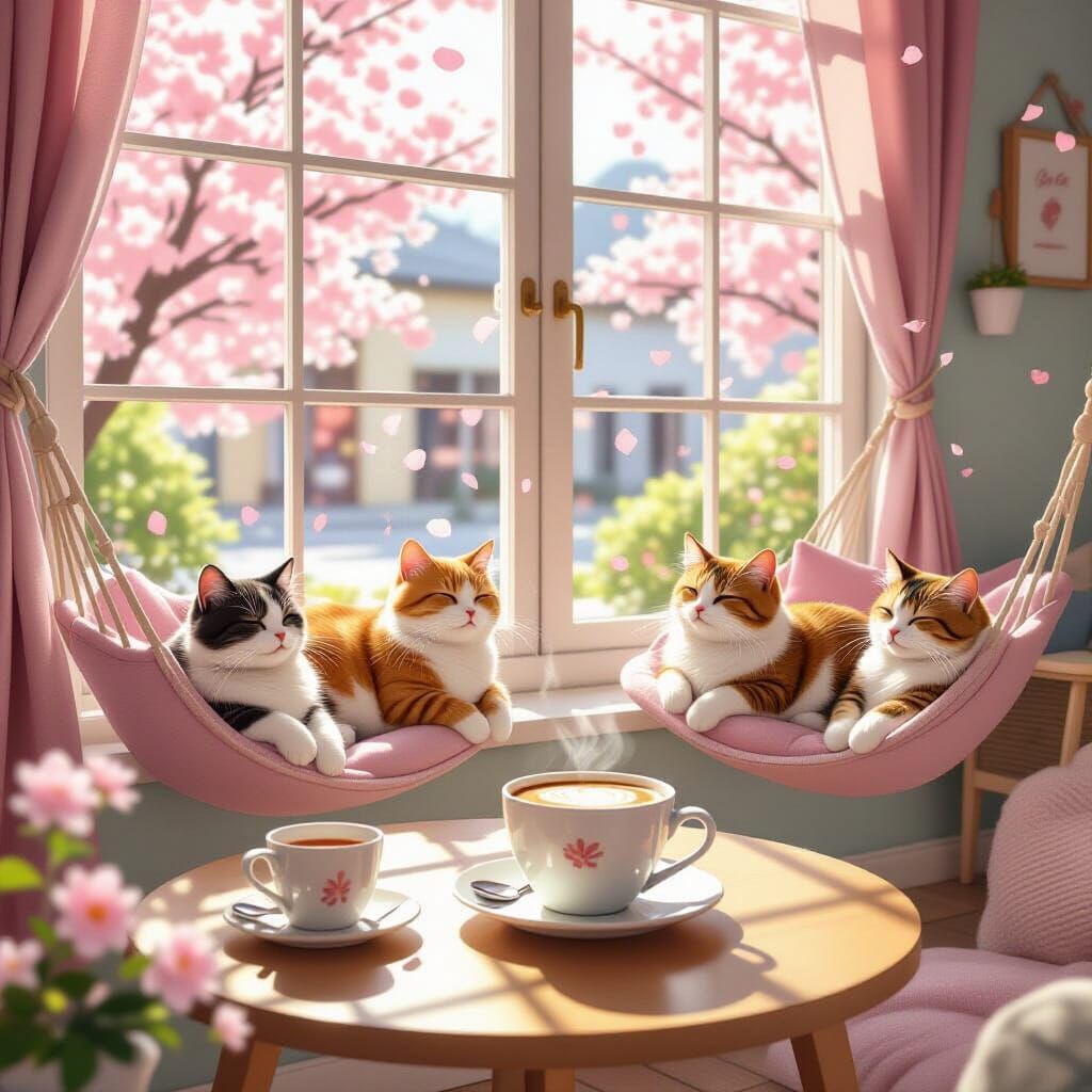 Sunlit Cat Cafe with Cherry Blossoms