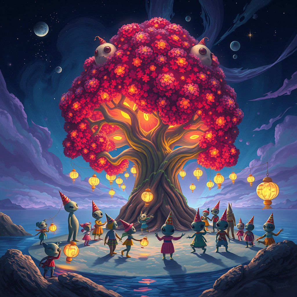 Alien Celebration on Retro Planet, Impressionist Illustratio...