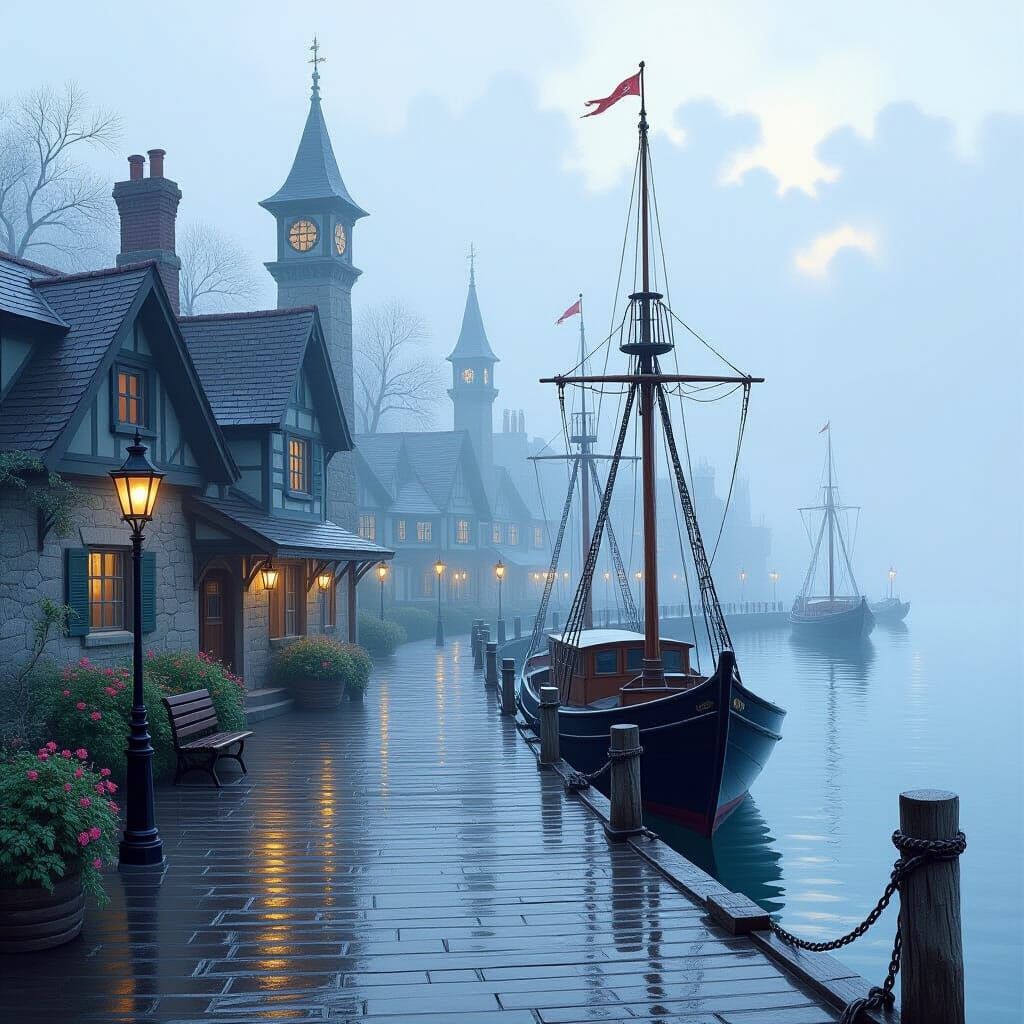 Foggy Fantasy Wharf in Oil Painting Style