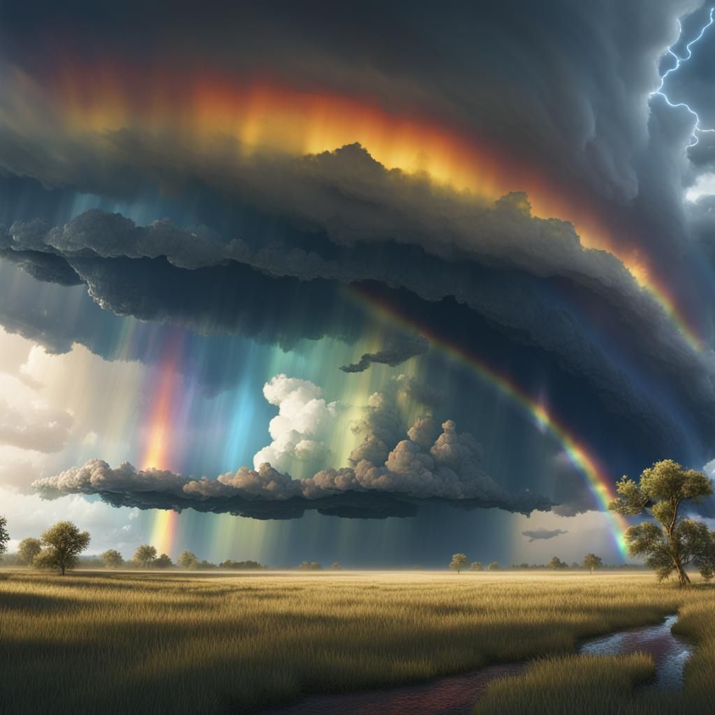 Rainbow Emerges from Supercell Storm in Detailed Matte Paint...