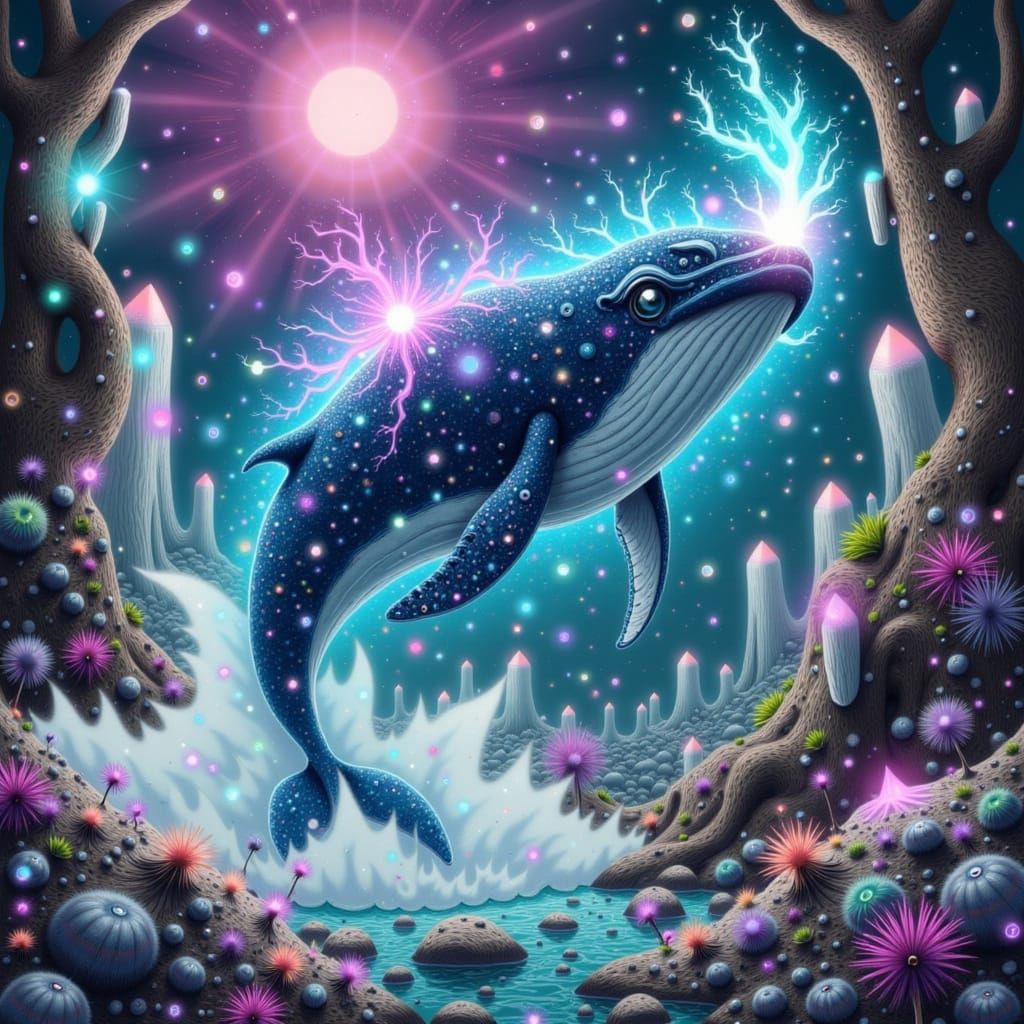 Surreal Whale Leaps from Crystalline Forest