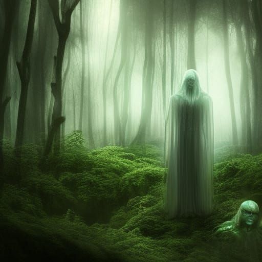 Eldritch Ghosts in Forest: Matte Painting with Blue Glow