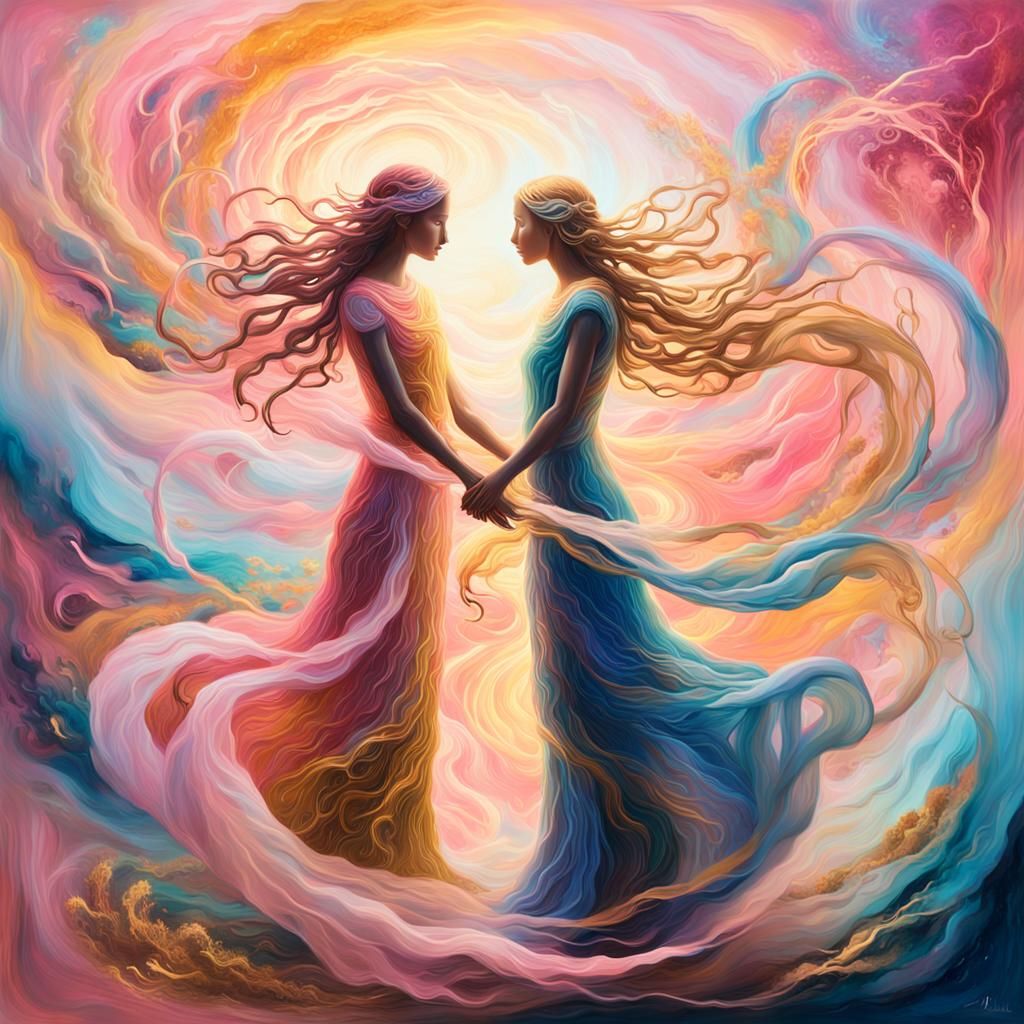 Intertwined Figures in Dreamy Abstract Landscape