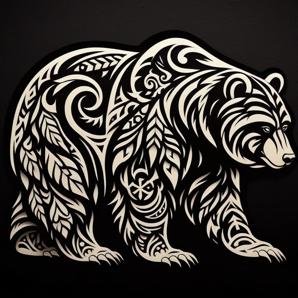 Tribal Bear Inlay Cut-Out Design on Black Background