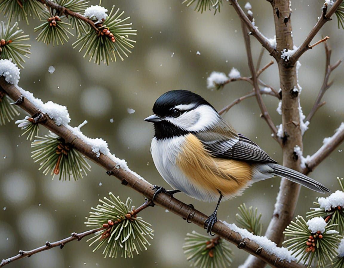 Hyperrealistic Watercolor Black-capped Chickadee in Winter