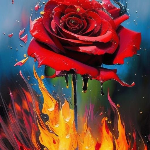 Fiery Rose in Field with Marbling and Oil Effects