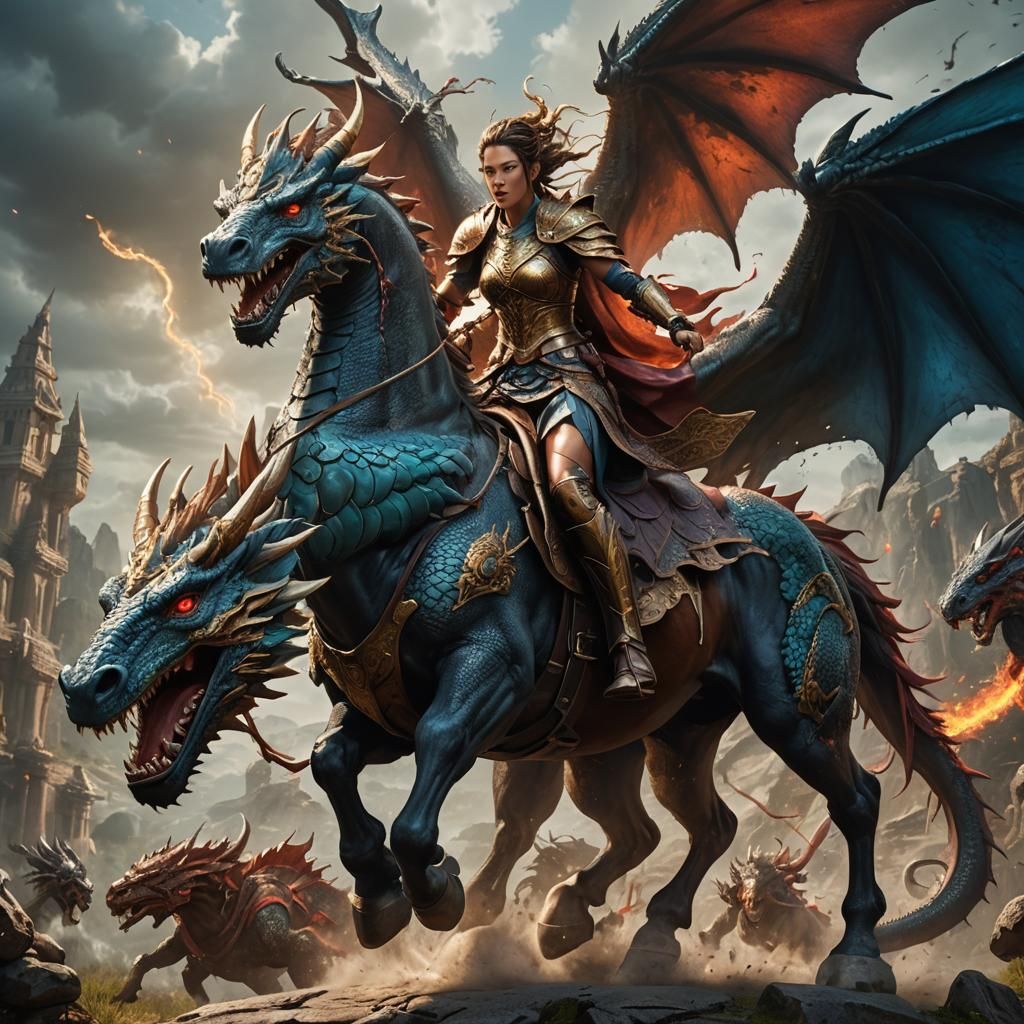 Goddess Warrior on Horseback Fighting Dragon