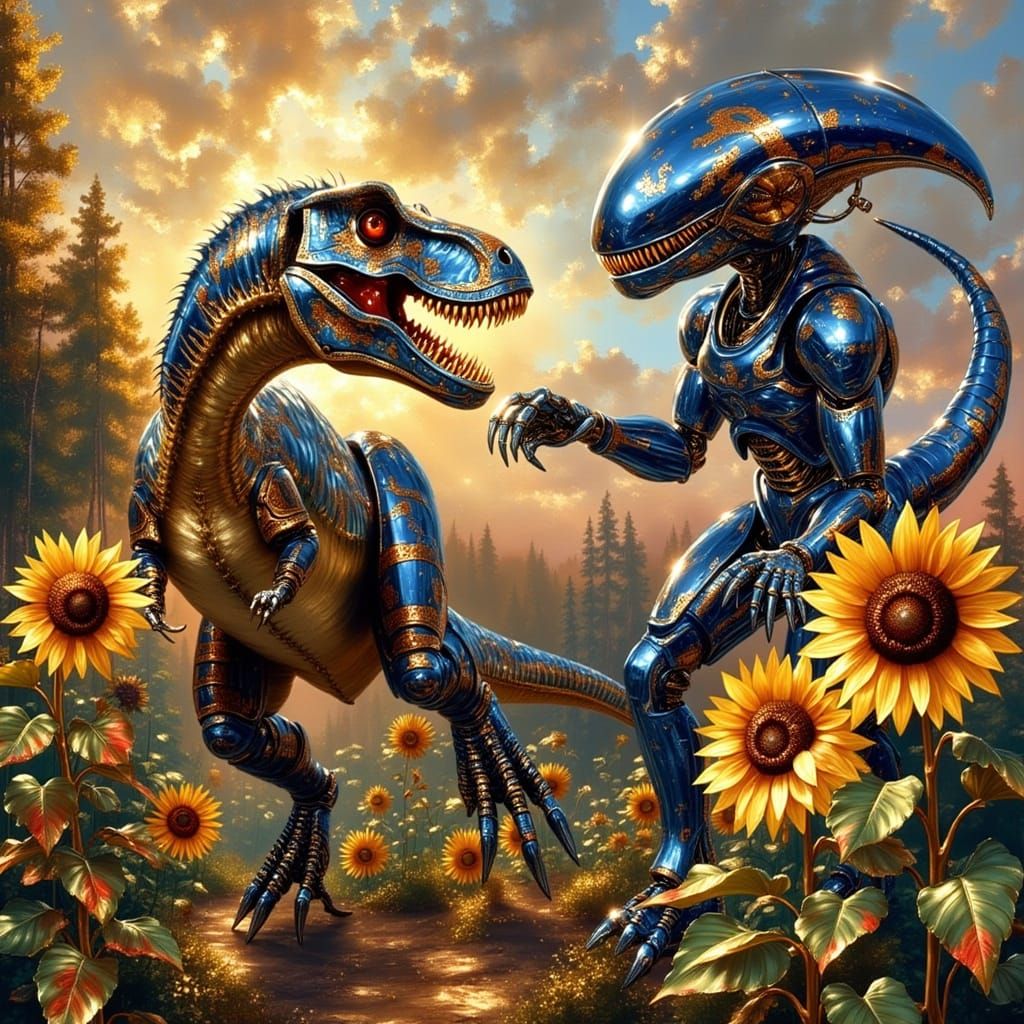 T-Rex vs Xenomorph in Surreal Sunflower Garden Oil Painting