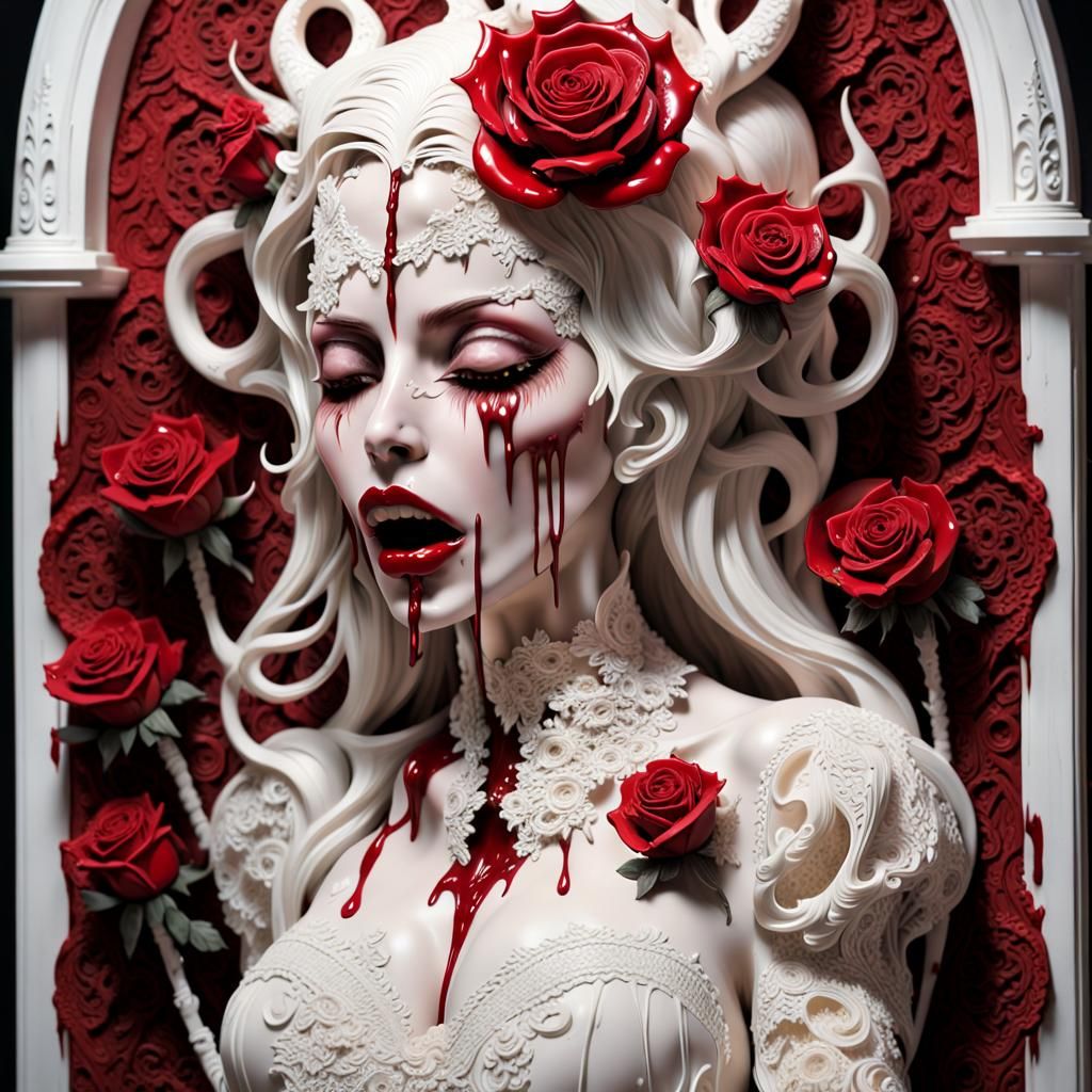 Carved Wood Sculpture of Pale Woman with Roses