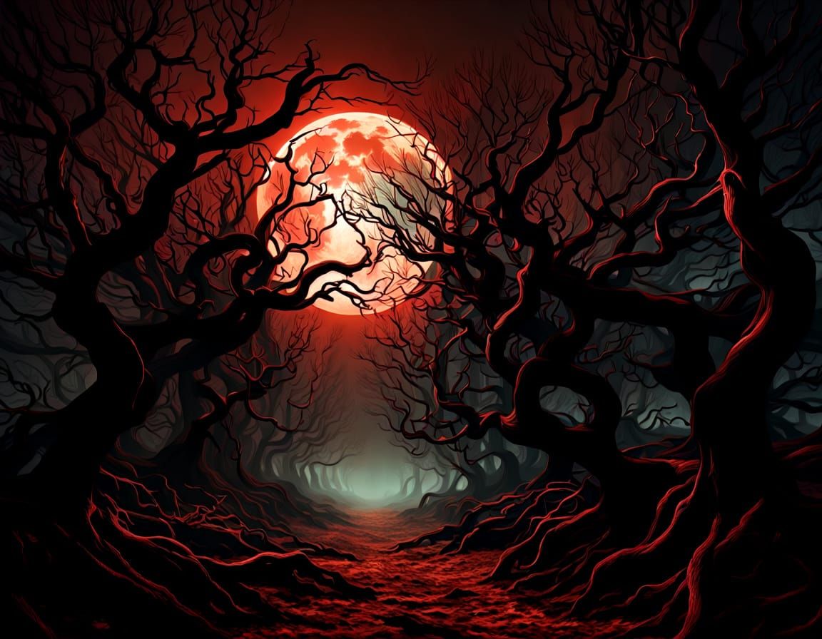 Dark Forest Path Under Blood Moon, Gothic Style