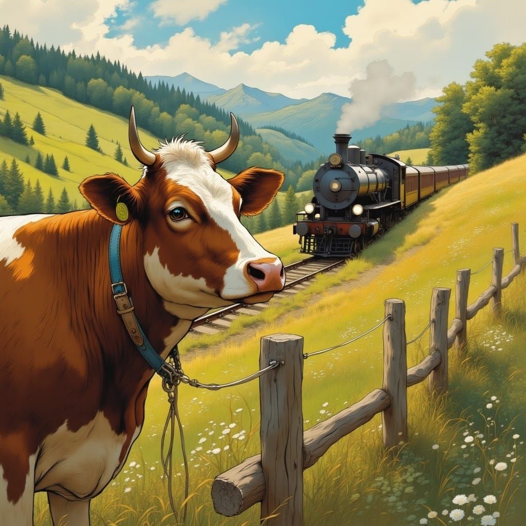Cow Watches Train on Emerald Hills