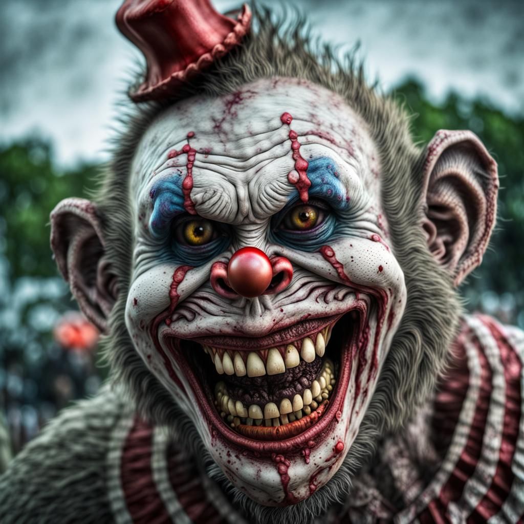 Hyperrealistic Zombie Monkey Clown Maniacally Grinning
