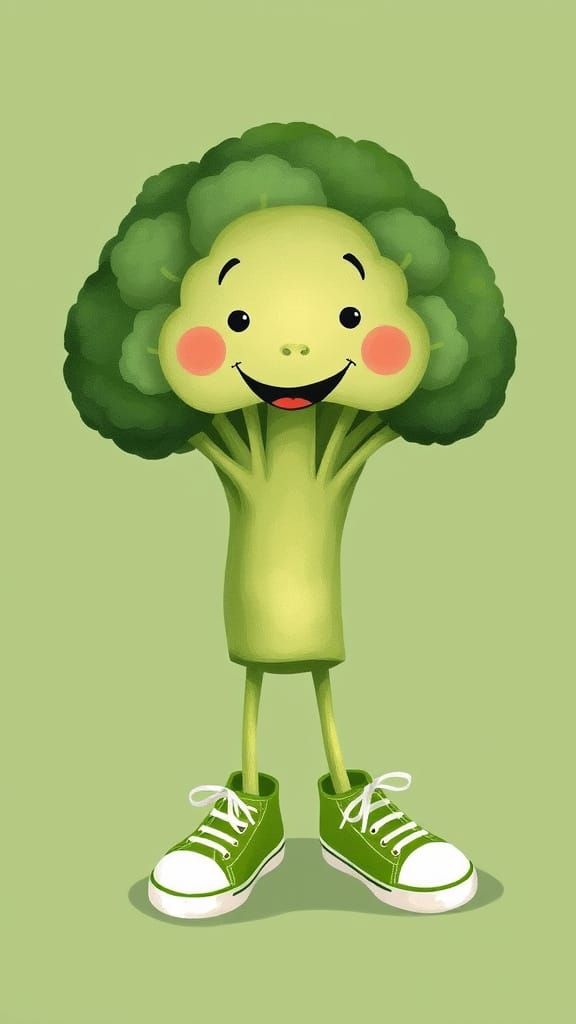 Whimsical Broccoli Character Wears Tennis Shoes
