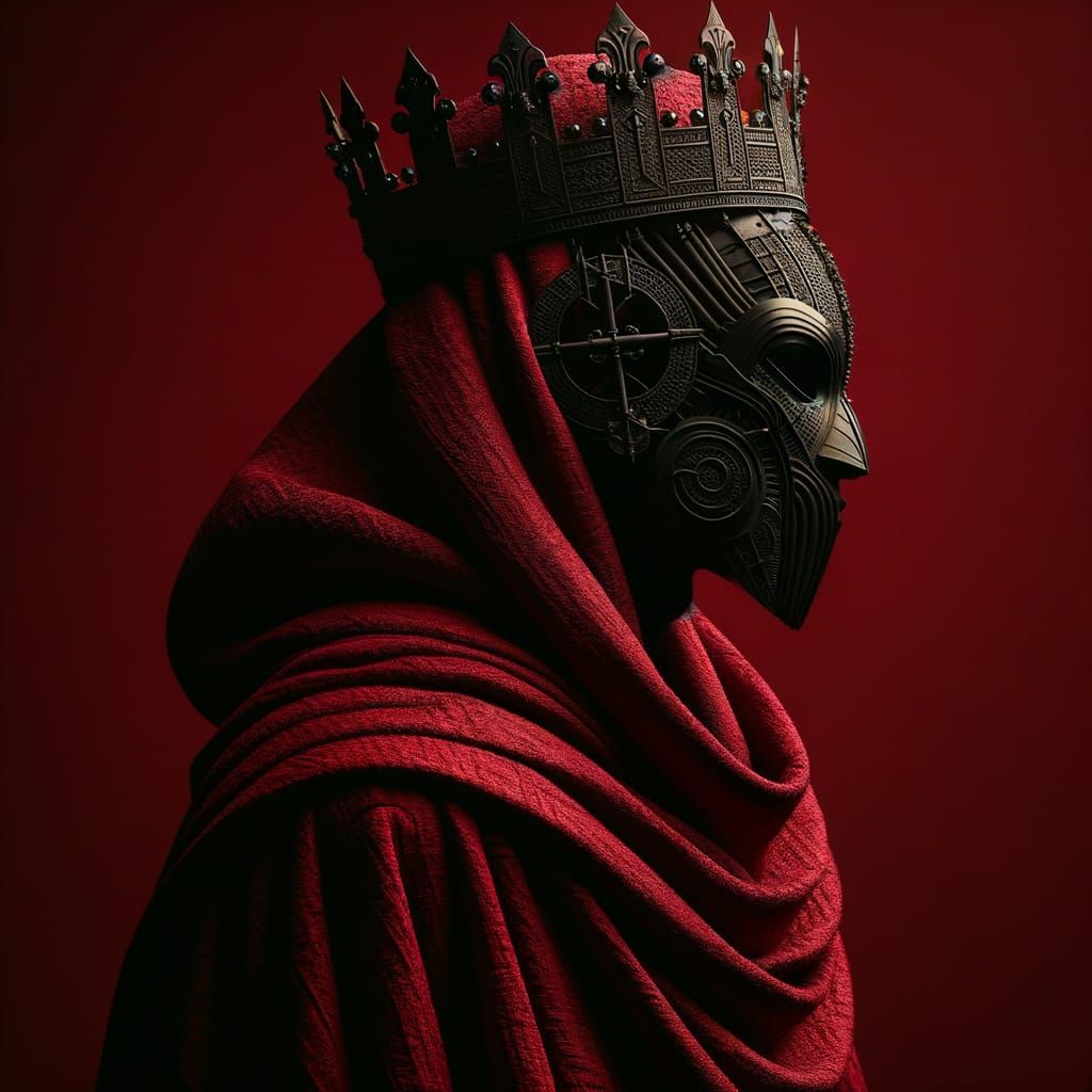 African Noble Figure in Ceremonial Attire Against Red Backdr...