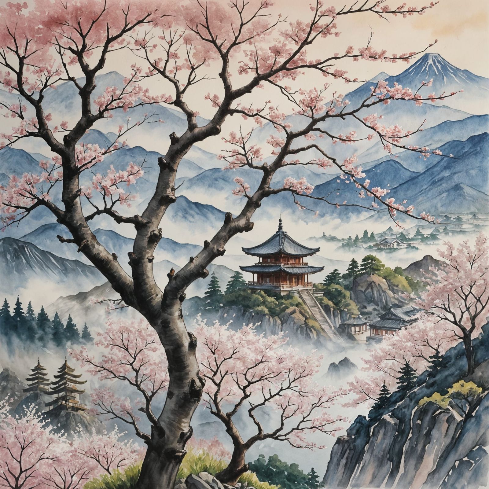 Watercolor Japanese Landscape with Cherry Blossom