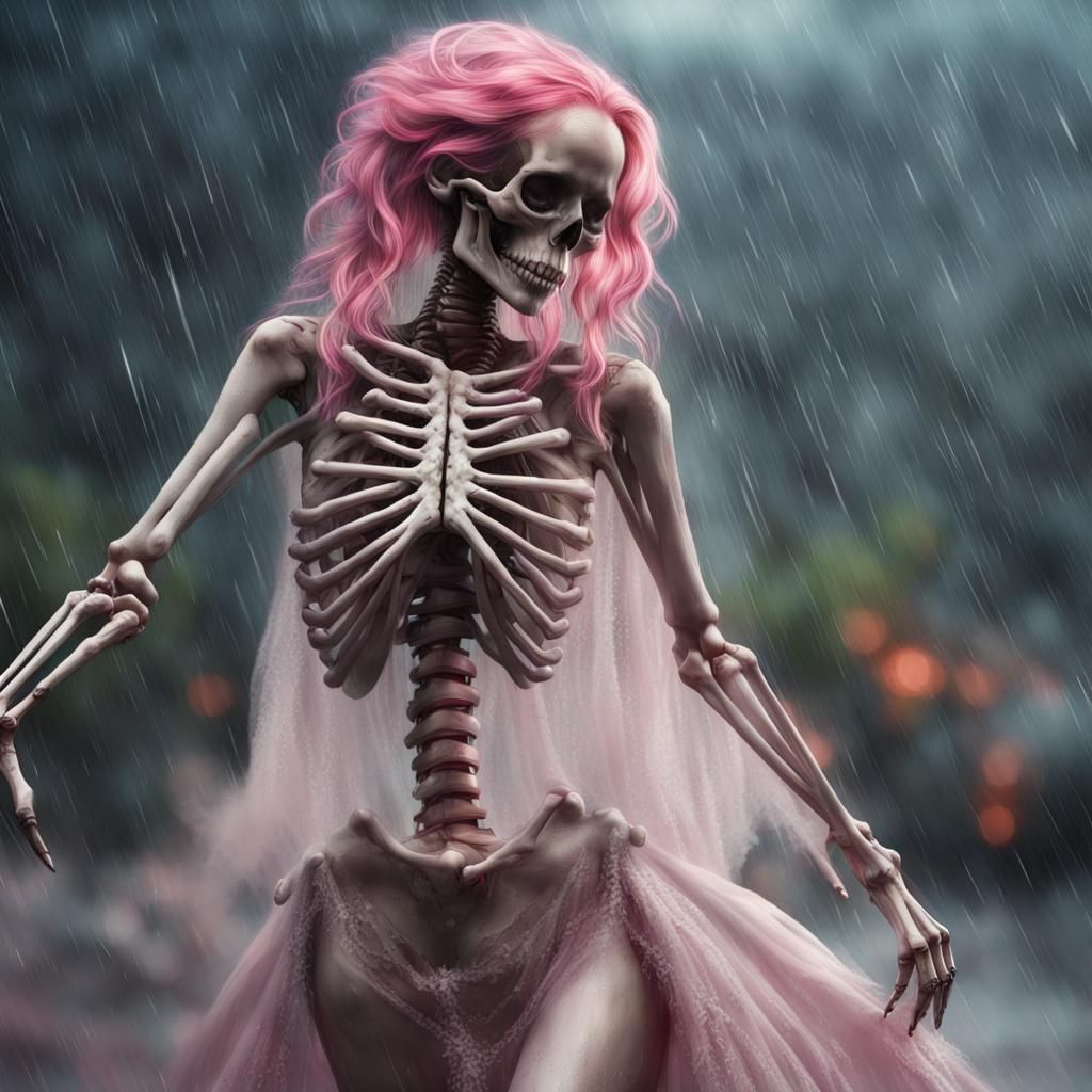 Hyperrealistic Pink-Haired Skeleton Bride Dancing in Rain