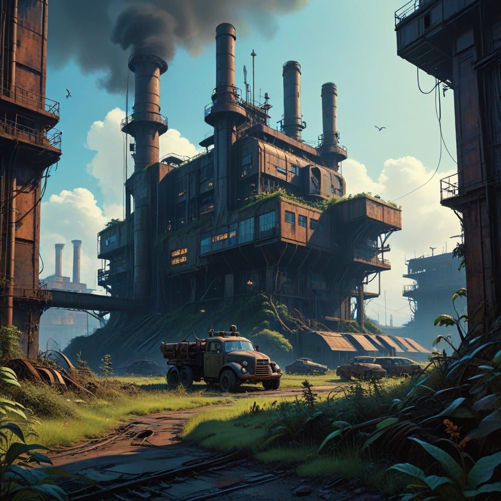 Overgrown Dieselpunk Factory in Wasteland, Digital Art