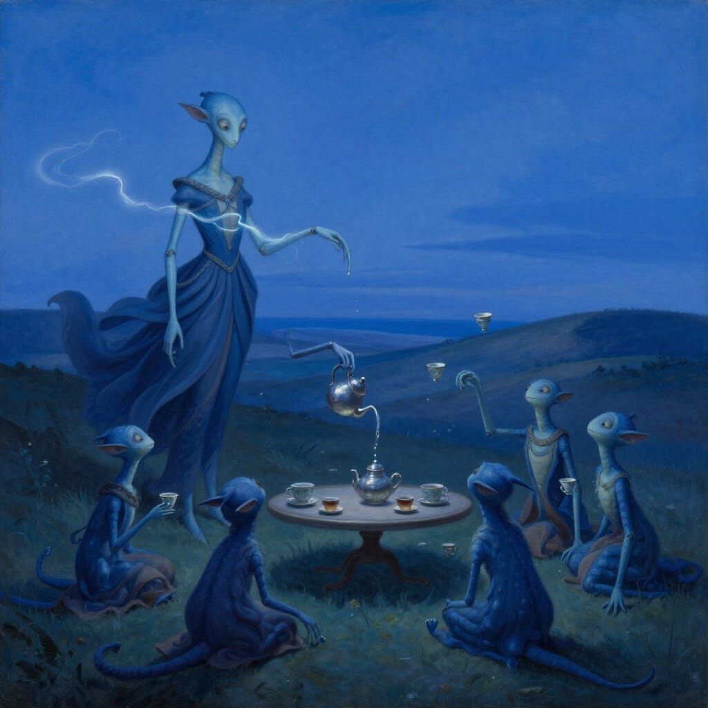 Surreal Tea Party with Fantastical Blue Creatures