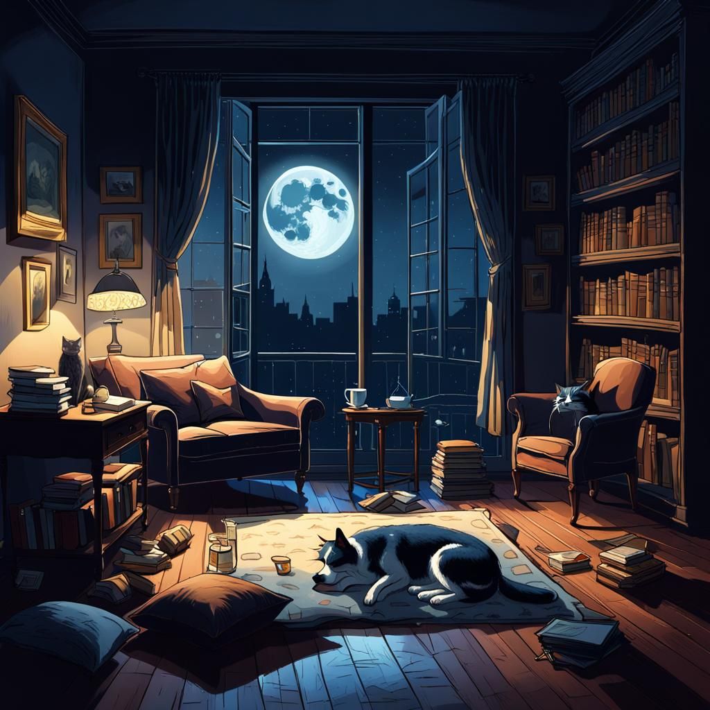 Moonlit Midnight Room with Sleeping Dog and Cat