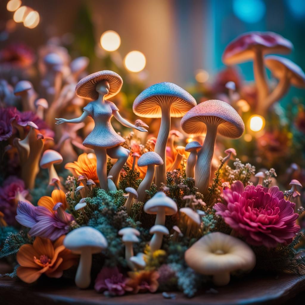 Dainty Enameled Glass Dancer Among Glass Floral Shrooms!